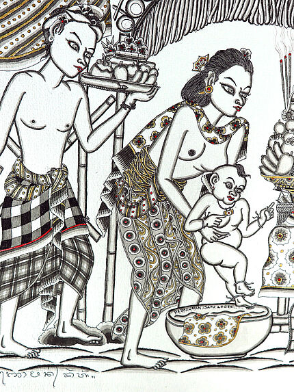Dessin illustrant la bénédiction des marionnettes wayang kulit