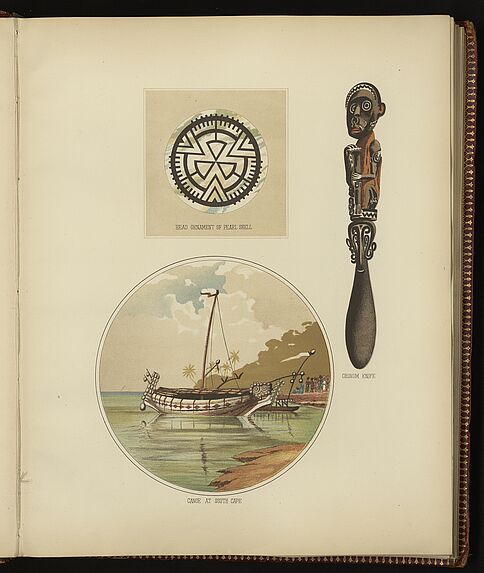 Head ornament of pearl shell ; Chunum knife ; Canoe at South Cape
