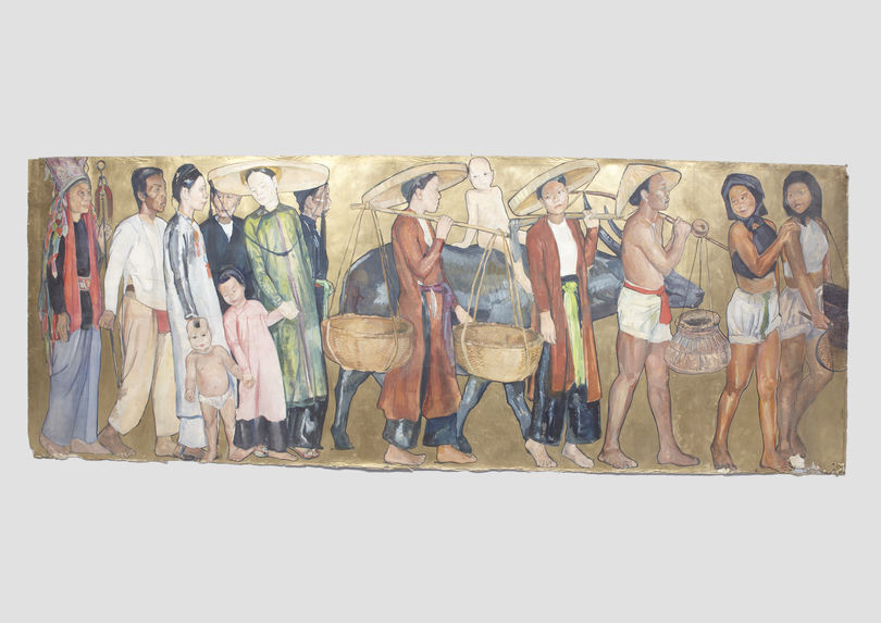 Sept personnages en costume traditionnel et un enfant monté sur un boeuf