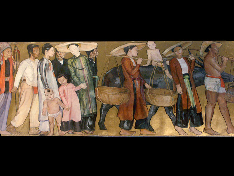 Sept personnages en costume traditionnel et un enfant monté sur un boeuf