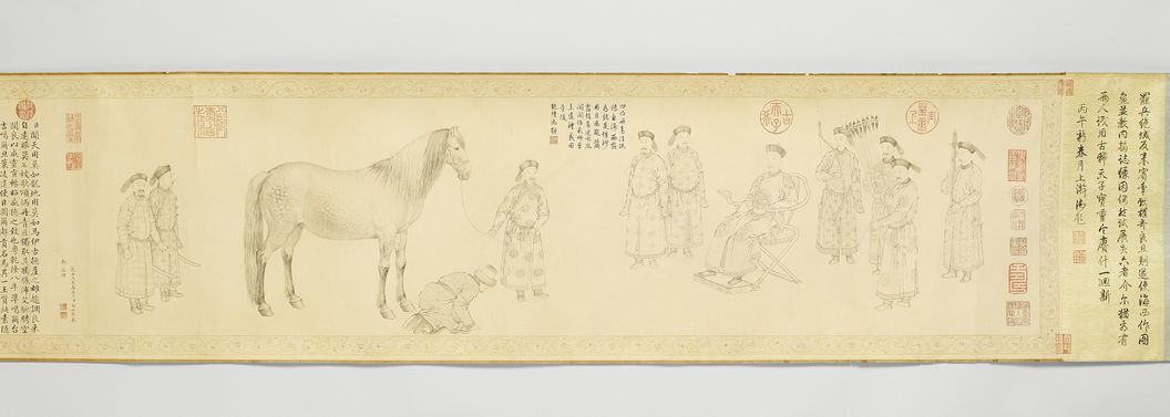 Dessin à l'encre sur rouleau,  Lang Shining (Giuseppe Castiglione) : Dzungar offrant un cheval en tribut à l’empereur Qianlong.