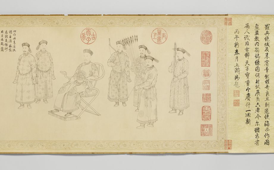 Dessin à l'encre sur rouleau,  Lang Shining (Giuseppe Castiglione) : Dzungar offrant un cheval en tribut à l’empereur Qianlong.