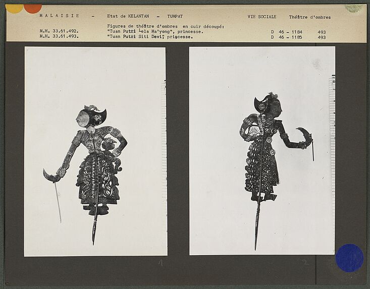 Figures de théâtre d'ombres malais : Princesse Tuan Putri Lela Ma'yong et Princesse Tuan Putri Siti Dewi