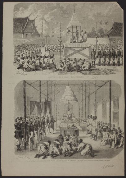 Couronnement eu roi de Cambodge : cérémonie de la purification. M. le Commandant Desmoulins adressant son allocution au roi du Cambodge
