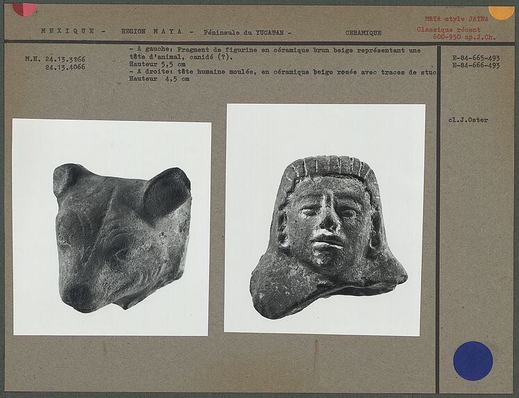 Fragment de figurine en céramique, animal, et tête humaine moulée en céramique beige