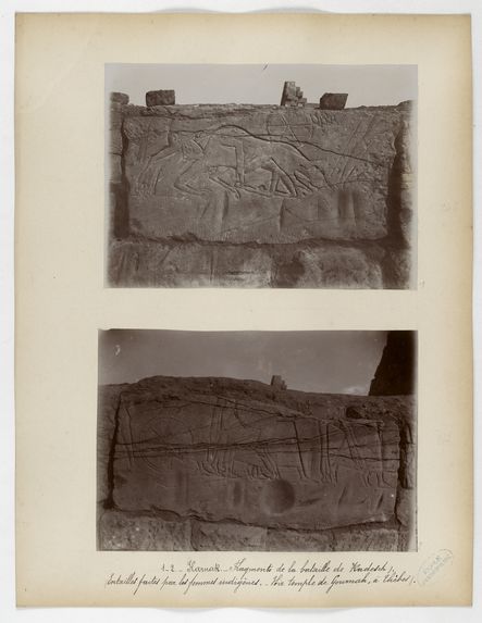 Karnak. Fragments de la bataille de Kadesch. (Entailles faites par les femmes indigènes. Hir [?] temple de Gournah, à Thèbes)