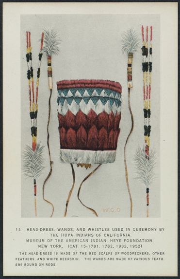 Head-dress, wands and whistles used in ceremony by the Hupa indians of California