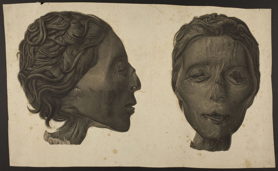 « Thèbes . Hypogées. Profil et face d’une tête de momie de femme, tirée de la collection de M. Delile »