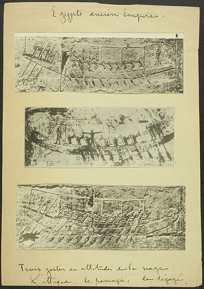 Egypte, Ancien Empire. Trois gestes ou attitudes de la nage. L'attaque, le passager, le dégagé [bas-relief]