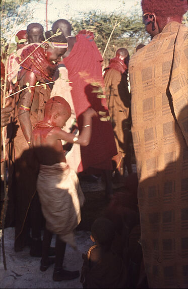 Sans titre [femme et enfants samburu entourés de maasaï tenant des branchages]