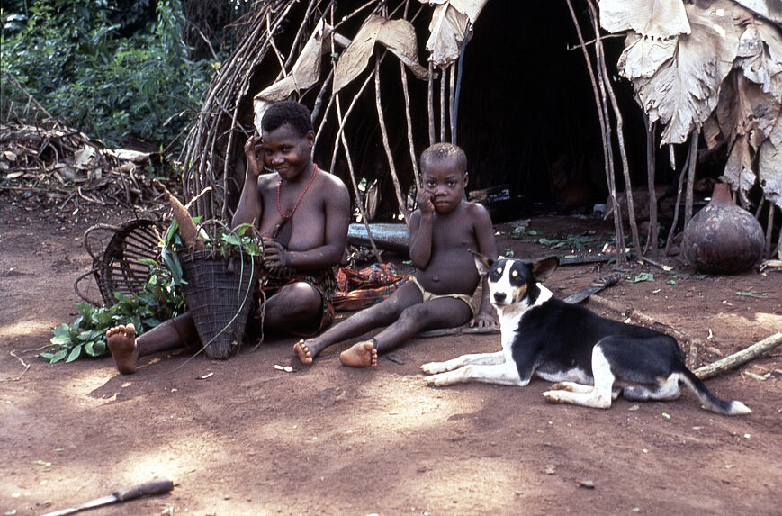 Pygmée [femme, enfant et chien]
