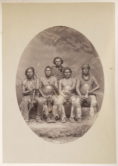 Group of Four Brothers of the Kit-Ka-Hoct Band, viz : La-Roo-Rutk-A-Haw-La-Shar. Night Chief. La-Roo-Ra-Shar-Roo-Cosh. A Man that left his Enemy lying in the Water. Tec-Ta-Sha-Cod-Dic. One who strikes the Chiefs first. Te-Low-A-Lut-La-Sha. Sky Chief. Baptiste Bayhylle, or La-Shara-Se-Re-Ter-Rek. One whom the Great Spirit smiles upon