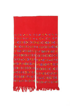Pantalon d'homme en coton rouge (2 lés) décor tissé de 12 bandes polychromes à…