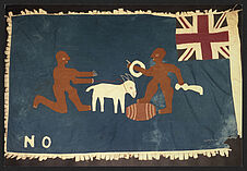 Sans titre [drapeau Asafo : homme agenouillé, chèvre et homme armé]