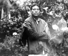 Young man posing around the flowers