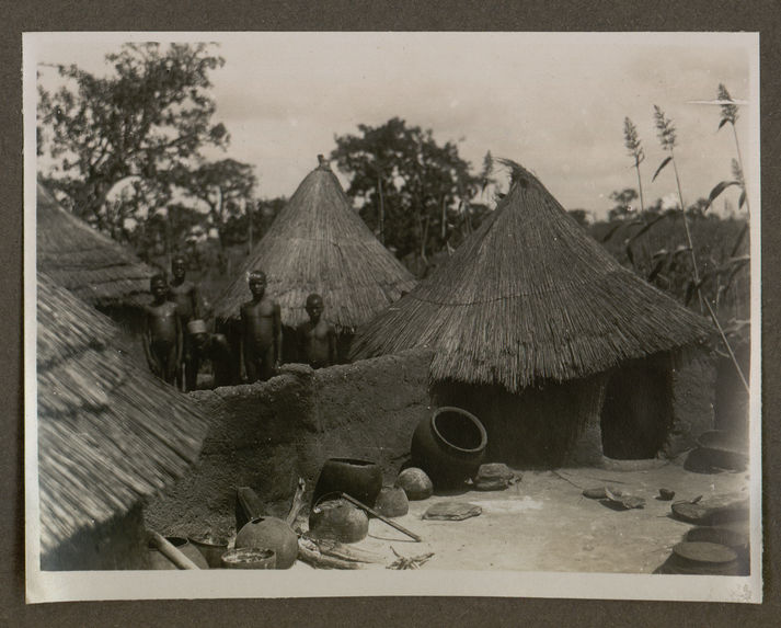 Natitingou (Dahomey), partie supérieure d'un Tata. Les tours sont des logements ou des réserves de &quot;mil&quot; on accède à la plate-forme par un arbre tortueux formant escalier