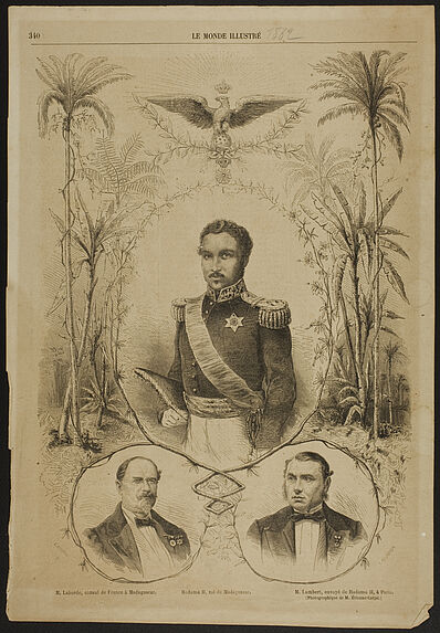 &quot;M. Laborde, consul de France à Madagascar. Radama II, roi de Madagascar. M. Lambert, envoyé de Ramada II, à Paris&quot;.