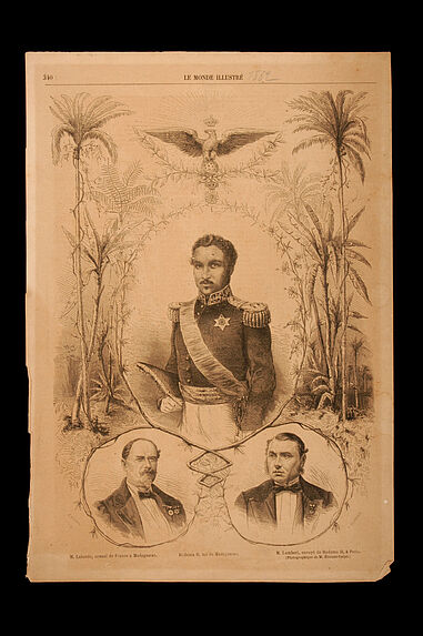 &quot;M. Laborde, consul de France à Madagascar. Radama II, roi de Madagascar. M. Lambert, envoyé de Ramada II, à Paris&quot;.