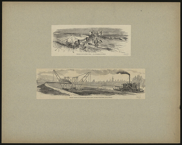 Chemin de fer du Caire à Suez, La civilisation et le désert - Machine destinée au creusement du canal de Suez, en essai à Saint-James, près de Neuilly