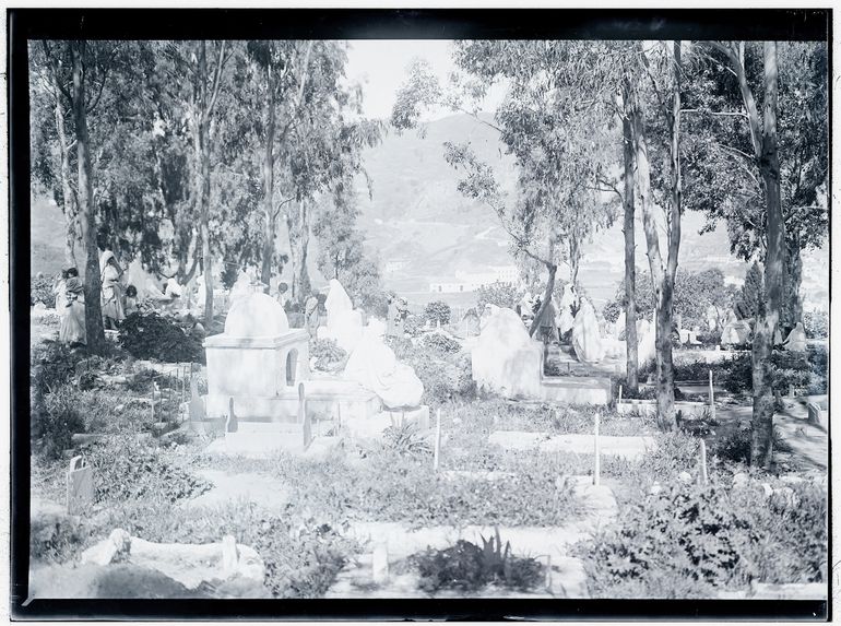 Les femmes apportant des fleurs au cimetière musulman