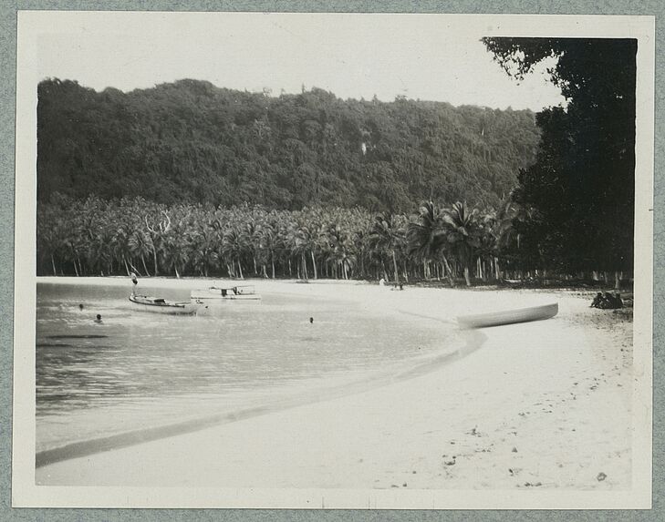 Sans titre [plage bordée de cocotiers avec quelques baigneurs et deux barques]