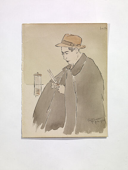 Amichiro (?). A man putting on a black cloak [un homme avec un manteau noir]