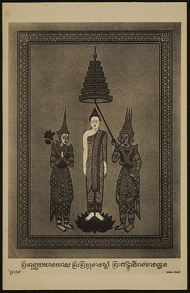 Le Bouddha descend du ciel entre Indra et Brahma