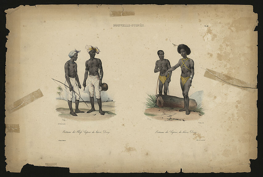 Nouvelle-Guinée. Costume des chefs Papous du hâvre Dorey. Costume des Papous du hâvre Dorey.