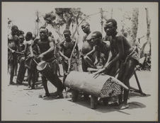 Quelques pygmées du territoire de Poko dans l'Uele occupés à battre les tambours…