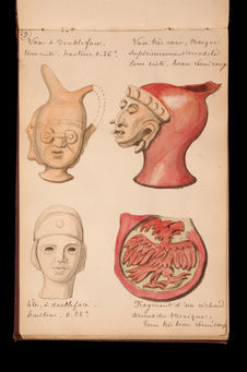 Vase et tête à double-face, vase à masque et fragment de réchaud