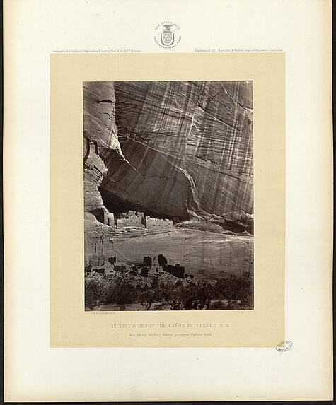 Ancient ruins in the Cañon de Chelle, N.M. In a niche 50 feet above present Cañon bed