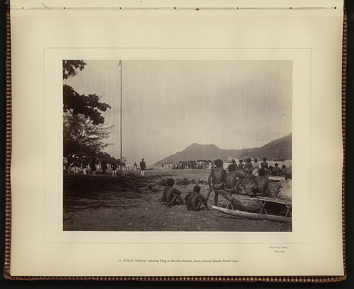 H.M.S. &quot;Nelson&quot; saluting Flag at Mission Station, Suau, Stacey Island, South Cape