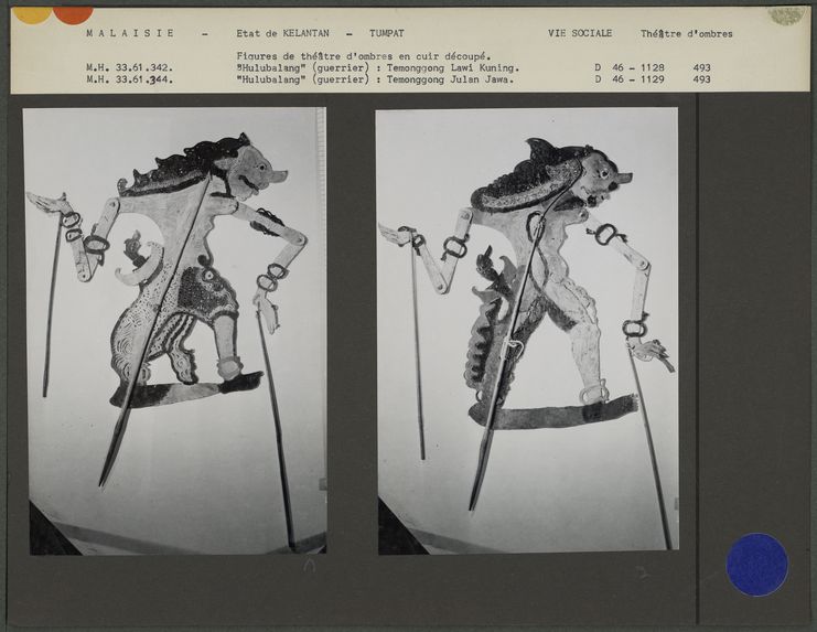 Figures de théâtre d'ombres malais Wayang Jawa : Hulubalang Temonggong Lawi Kuning et Hulubalang Temonggong Julan Jawa