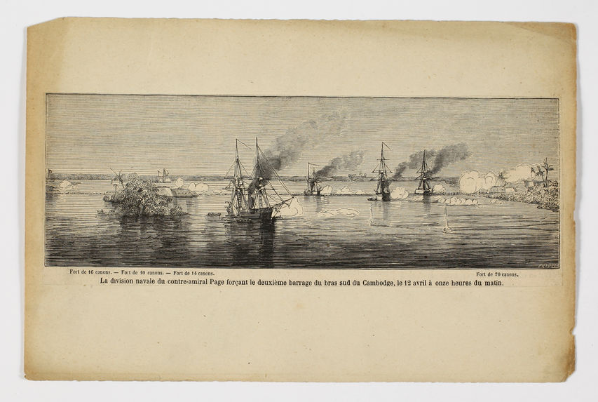 La division navale du contre-amiral Page forçant le deuxième barrage du bras sud du Cambodge, le 12 avril à onze heures du matin