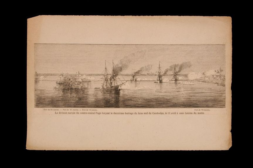 La division navale du contre-amiral Page forçant le deuxième barrage du bras sud du Cambodge, le 12 avril à onze heures du matin