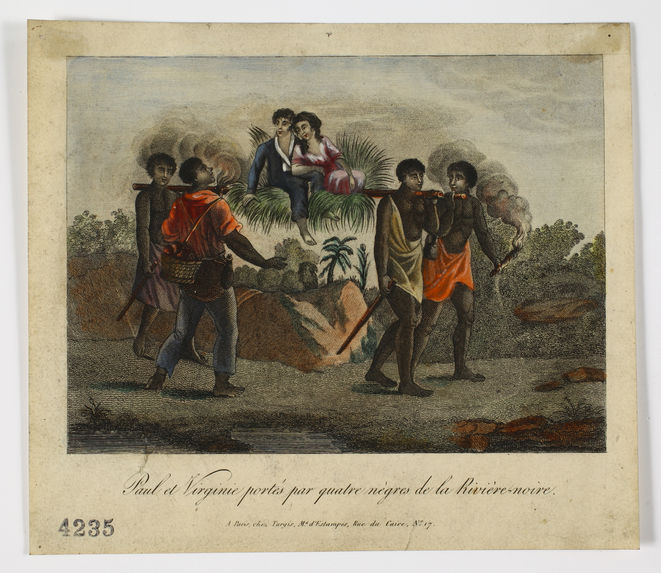 Paul et Virginie portés par quatre nègres de la Rivière-noire