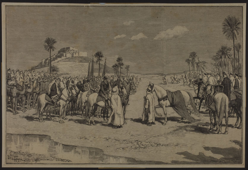 Sans titre [Algérie : St-Kaddour-Ben-Hamza offre, en guise de soumission, un cheval à M. Cambon, pendant son séjour Et-Goléa]