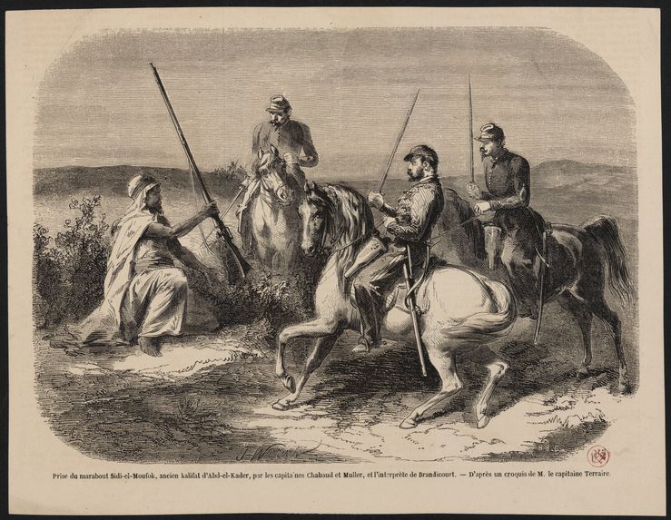 Prise du marabout Sidi-el-Moufok, ancien kalifat d'Abd-el-Kader, par les capitaines Chabaud et Muller, et l'interprète de Brandicourt