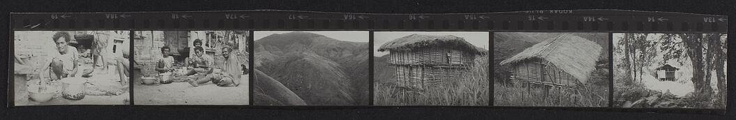 Buang Watut. Mission 75-76. Planche contact de 6 vues : préparation de repas, greniers et paysage