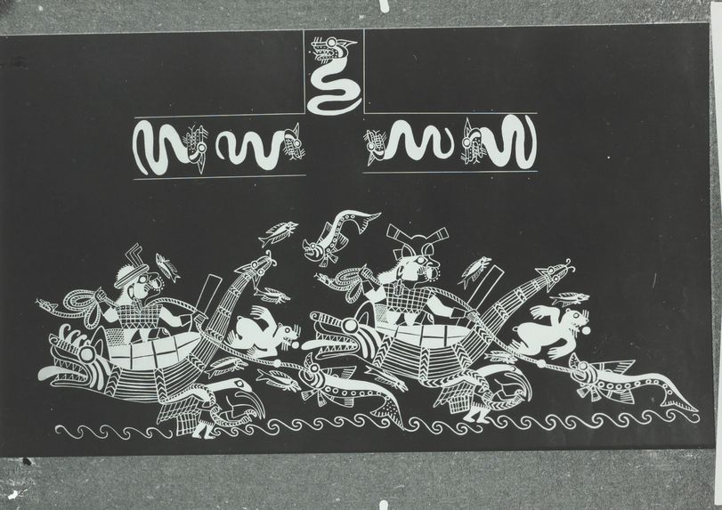 Scène mythique peinte sur un vase Mochica : scène de pêche