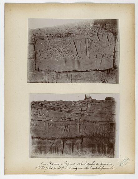 Karnak. Fragments de la bataille de Kadesch. (Entailles faites par les femmes indigènes. Hir [?] temple de Gournah)