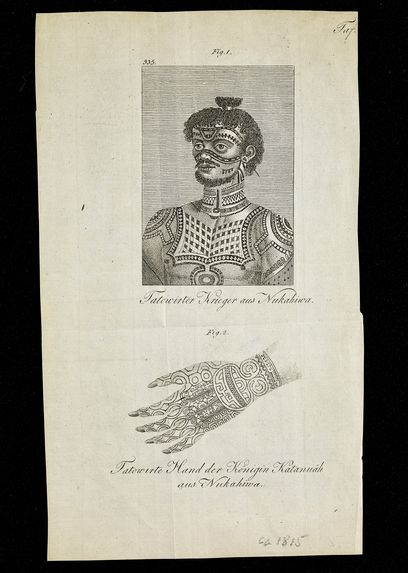 Tatowirter Krieger aus Nukahiwa. Tatowirte Hand der Königin Katanuäh aus Nukahiwa.