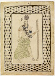 Portrait du roi Gbetnkom. 12e roi des Bamoun Portrait en pied. Au verso: texte…
