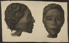 « Thèbes . Hypogées. Profil et face d’une tête de momie de femme, tirée de la…
