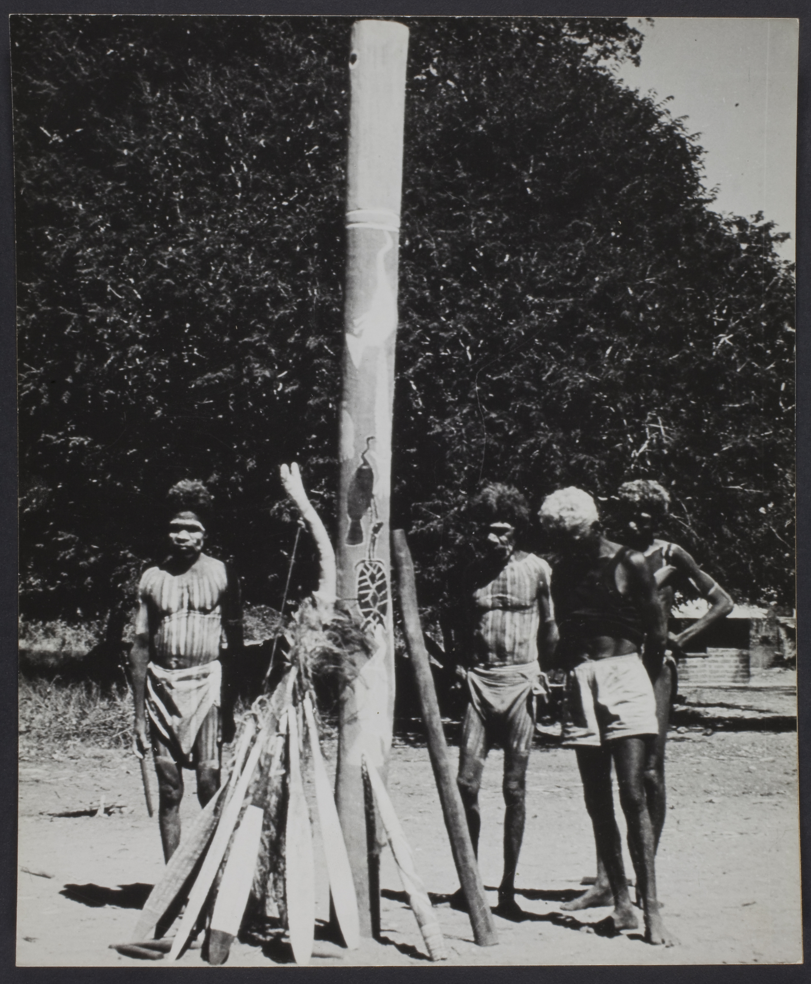 Sans titre [quatre aborigènes autour d'un poteau peint et d'armes]